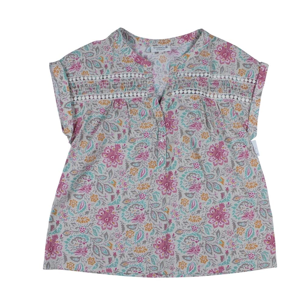 Studio B Blouse Floral half button boho shirred sz S NEW NWT